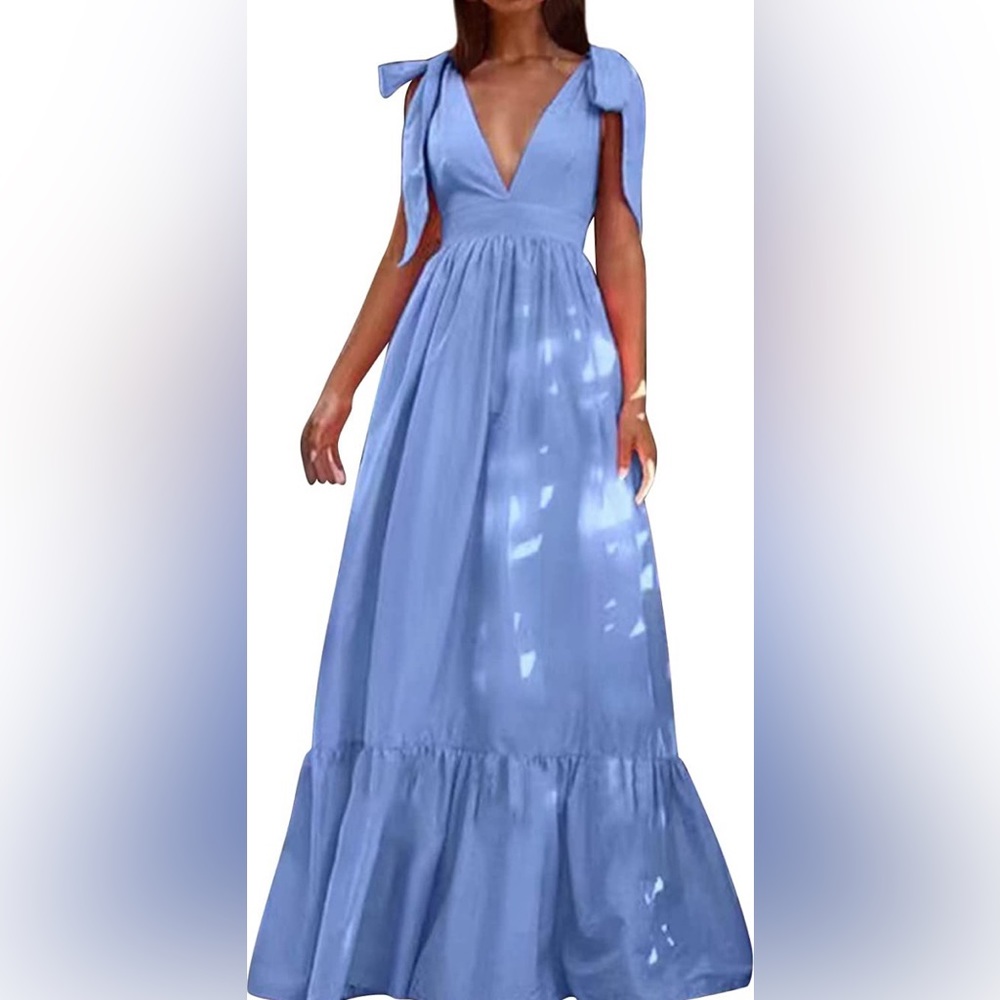 Maxi V-neck Ruffle Tie Straps Dress